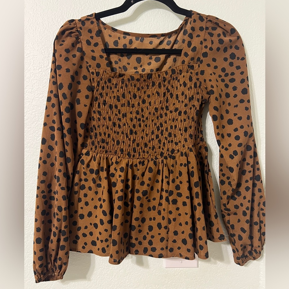 Brown Polka Dot Smocked Top